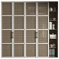 Woven Door Bookcase With White Frame Metal Handles And Open Shelves With Books Decor