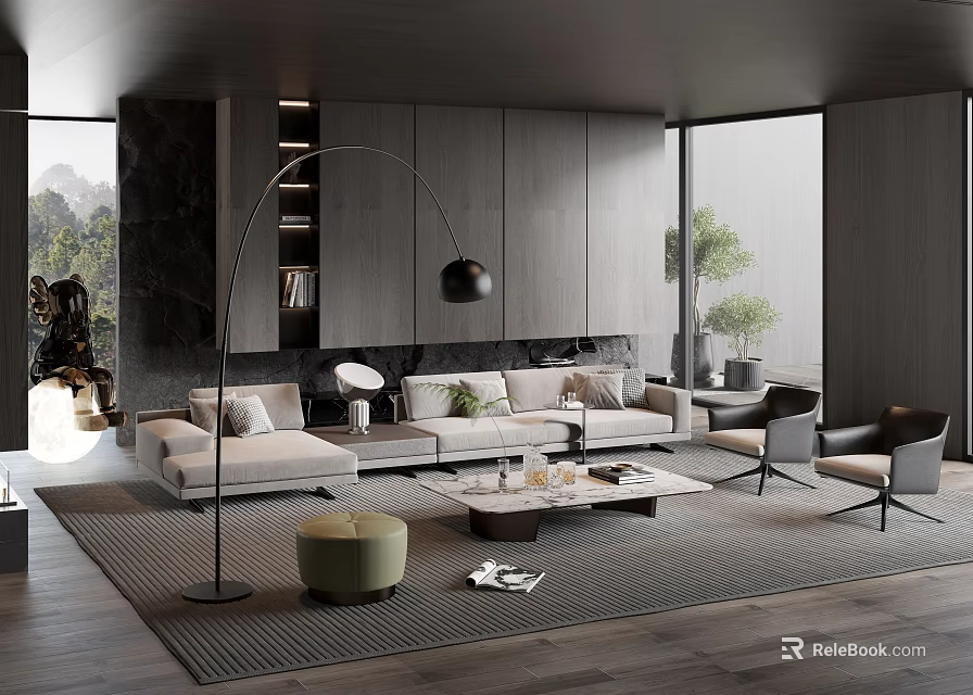 Modern Living Room Interior with Large Windows Light Sofa Green Plants and Wooden Floors 3d model 
