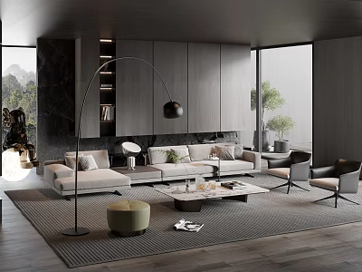 Modern Living Room Interior with Large Windows Light Sofa Green Plants and Wooden Floors 3d model