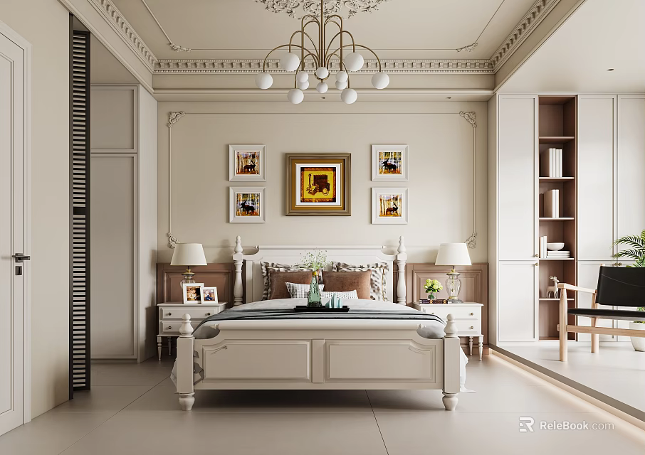 Elegant Modern Bedroom Interior Design With White Bed Chandelier Wall Art And Bookshelf 3d model 