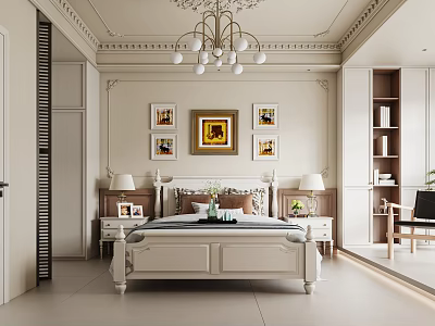 Elegant Modern Bedroom Interior Design With White Bed Chandelier Wall Art And Bookshelf 3d model