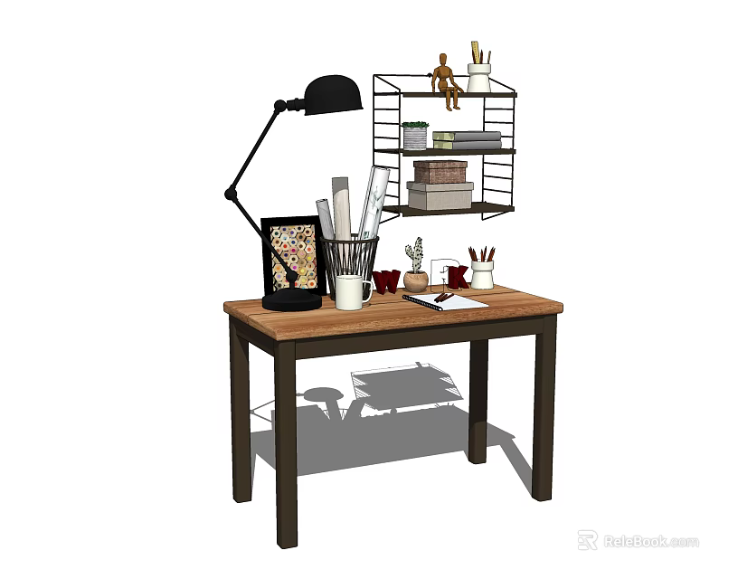 Decorative Ornaments Set on Wooden Desk with Table Lamp Photo Frame Pen Holder and Shelf 3d model 