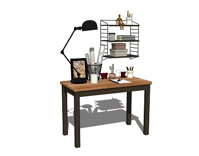 Decorative Ornaments Set on Wooden Desk with Table Lamp Photo Frame Pen Holder and Shelf 3d model
