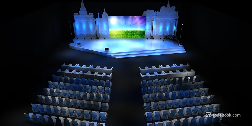 Blue Illuminated Stage Setup With Colorful Background Screen And Arranged Audience Seats 3d model 