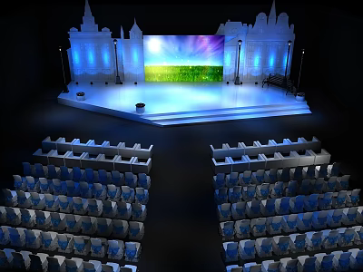 Blue Illuminated Stage Setup With Colorful Background Screen And Arranged Audience Seats 3d model