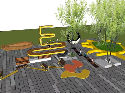Outdoor Chairs with Wooden and Metal Design in Recreational Area Surrounded by Trees and Stone Tiles 3d model