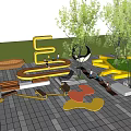 Outdoor Chairs with Wooden and Metal Design in Recreational Area Surrounded by Trees and Stone Tiles