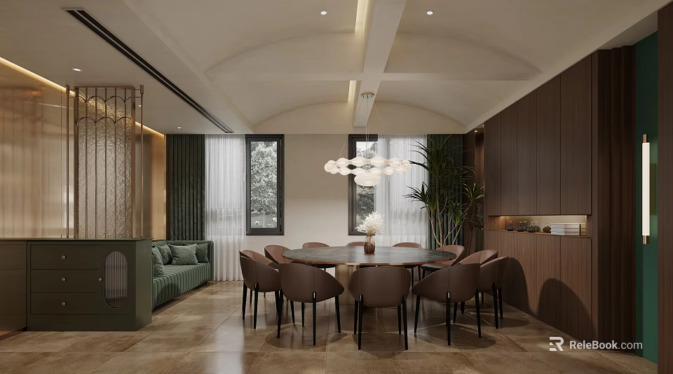 Luxury Modern Box Interior With Round Dining Table Brown Chairs Green Sofa And Chandelier 3d model 