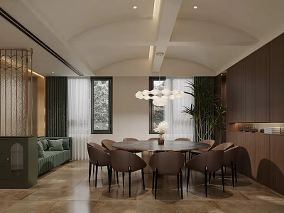 Luxury Modern Box Interior With Round Dining Table Brown Chairs Green Sofa And Chandelier 3d model