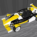 Yellow and White Open Frame Racing Car with Black Seat and Steering Wheel 3d model