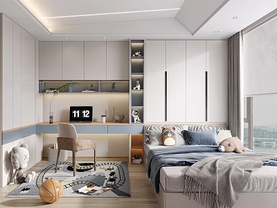 Modern Tatami Bedroom Interior Design With Desk Wardrobe And Window View 3d model