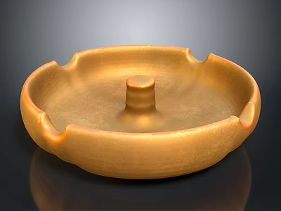Golden Shiny Round Ashtray With Central Column And Grooved Metallic Edges 3d model