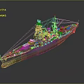 Historical Battleship Warship 3D Model With Dark Blue Hull Orange Bottom Superstructure Turret Mast