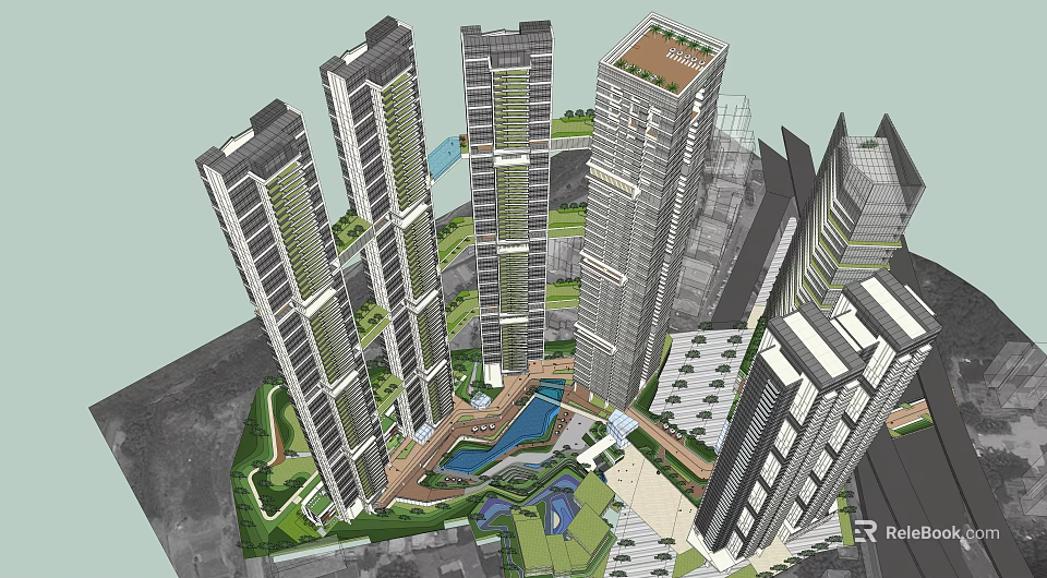 Modern High Rise Residential Complex With Green Spaces And Swimming Pool Area 3d model 
