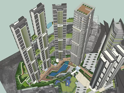Modern High Rise Residential Complex With Green Spaces And Swimming Pool Area 3d model