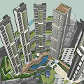 Modern High Rise Residential Complex With Green Spaces And Swimming Pool Area