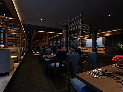 Modern Restaurant Interior With Wooden Dining Tables Blue Chairs And Decorative Dividers 3d model