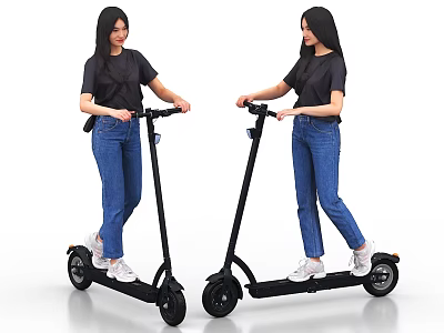 Two Women Riding Black Electric Scooters In Casual Blue Jeans Outfit 3d model