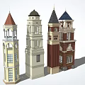 Various Stylish Tower Models With Distinct Roof Designs And Exterior Details