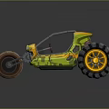 Yellow Three Wheeled Motorcycle With Large Tires And Open Seat Design