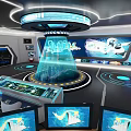 Modern High Tech Control Room Featuring Multiple Screens Curved Consoles and Ergonomic Seats