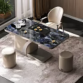 Modern Tea Table and Chairs with Marble Top Beige Leather Stools and Tea Sets