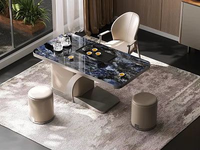 Modern Tea Table and Chairs with Marble Top Beige Leather Stools and Tea Sets 3d model
