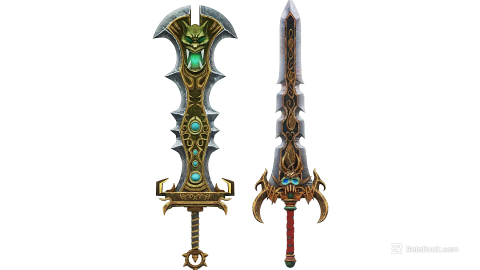 Ornate Mythical Weapons With Intricate Designs Gemstone Accents And Decorative Details 3d model 