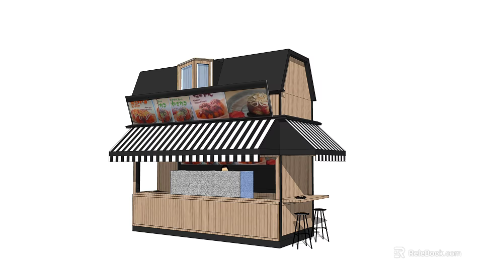 Wooden Food Kiosk With Black And White Striped Awning Food Images Counter And Bar Stools 3d model 