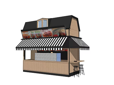 Wooden Food Kiosk With Black And White Striped Awning Food Images Counter And Bar Stools 3d model
