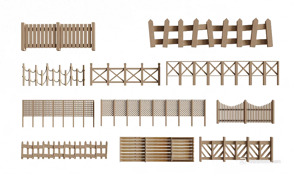 Various Wooden Fence Styles with Different Patterns for Garden Decoration 3d model 