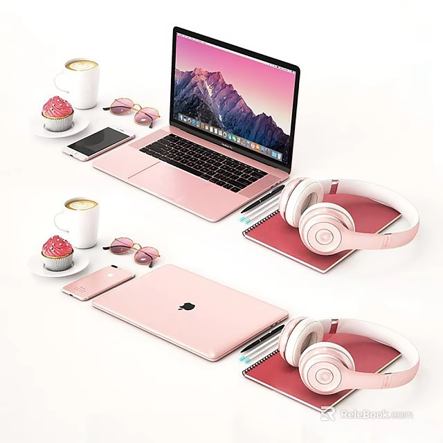 Stylish Pink Laptop and Tablet with Headphones Smartphone Coffee Cup Cupcake Sunglasses 3d model 