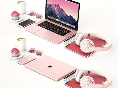 Stylish Pink Laptop and Tablet with Headphones Smartphone Coffee Cup Cupcake Sunglasses 3d model
