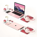 Stylish Pink Laptop and Tablet with Headphones Smartphone Coffee Cup Cupcake Sunglasses