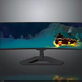Curved Monitor Display Showing Snowy Winter Scene With Small House Evergreen Trees And Warm Lights