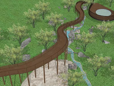 Winding Wooden Boardwalk Pathway Surrounded by Green Grass Trees Stones and Stream 3d model