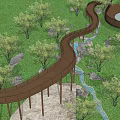 Winding Wooden Boardwalk Pathway Surrounded by Green Grass Trees Stones and Stream