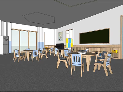 Bright Spacious Kindergarten Classroom With Wooden Tables Chairs Blackboard Large Windows And Storage Cabinets 3d model