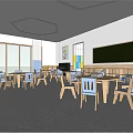 Bright Spacious Kindergarten Classroom With Wooden Tables Chairs Blackboard Large Windows And Storage Cabinets