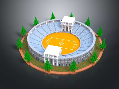 Circular Stadium Equipment Featuring Football Field Blue Stands White Buildings And Green Trees 3d model