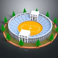 Circular Stadium Equipment Featuring Football Field Blue Stands White Buildings And Green Trees