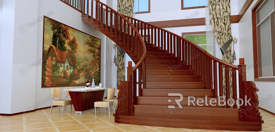 Indoor Stairs Fan-shaped Stairs Solid Wood Stairs model