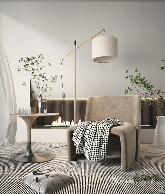 Beige Single Sofa With Black And White Checkered Blanket Floor Lamp Fireplace Green Plants 3d model 