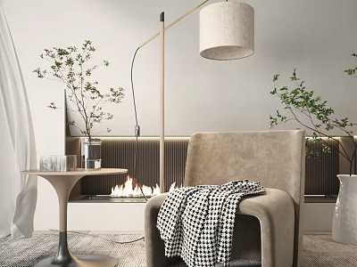 Beige Single Sofa With Black And White Checkered Blanket Floor Lamp Fireplace Green Plants 3d model