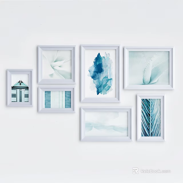 Blue And White Botanical Prints In White Frames For Wall Decor 3d model