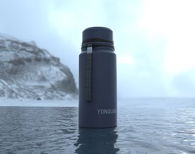 Dark Blue YONGQUAN Cup With Strap On Water Surface Against Snowy Mountain Scenery 3d model