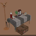 Vintage Furniture Collection With Wooden Coat Rack Table And Decorative Trunk Items