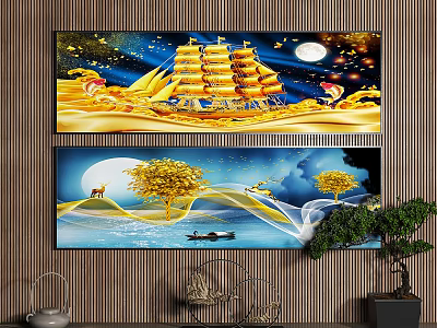 Landscape Painting with Golden Sailboat Moon Stars Golden Trees Deer Small Boat and Water Waves 3d model