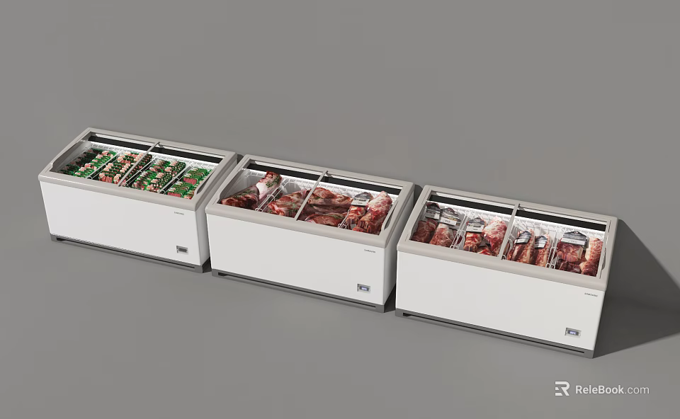 Three Horizontal Commercial Freezers Storing Fresh Vegetables And Meat Products 3d model 