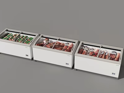 Three Horizontal Commercial Freezers Storing Fresh Vegetables And Meat Products 3d model